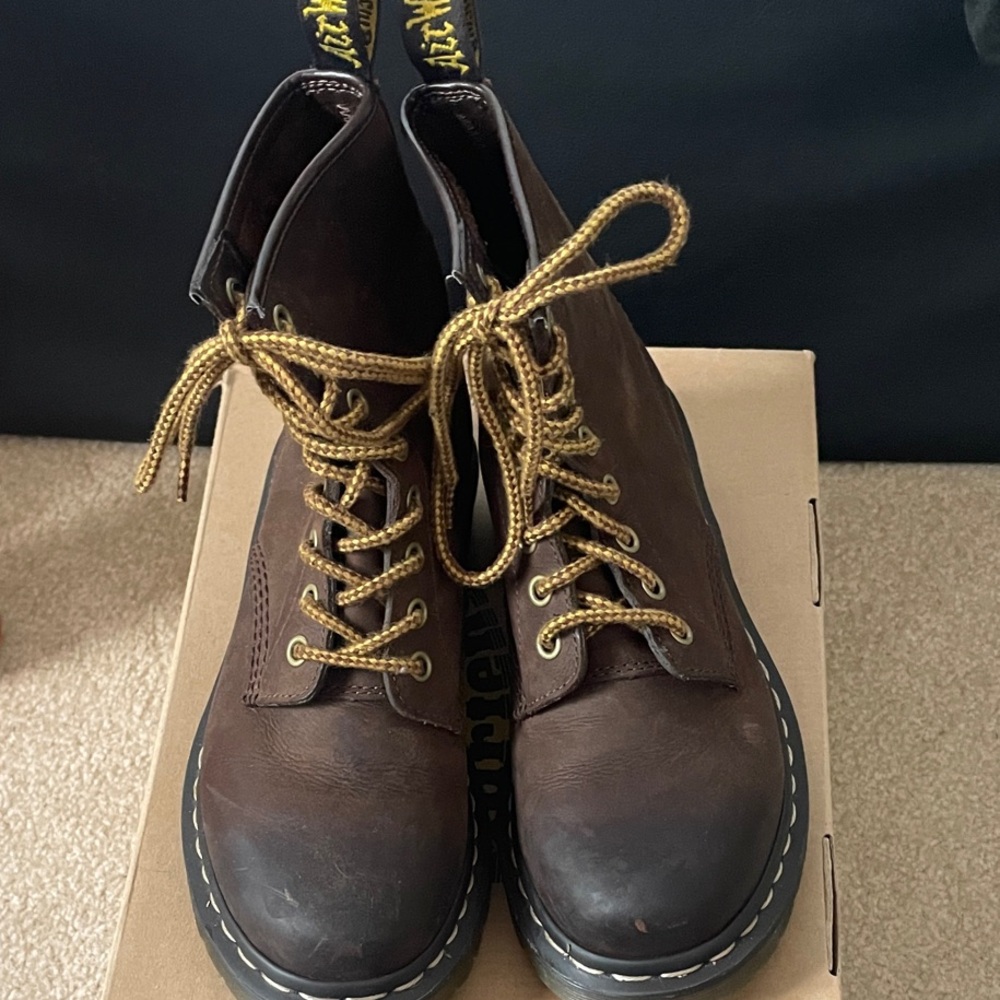 Dr. Martens Dark Brown Boots with Yellow Laces